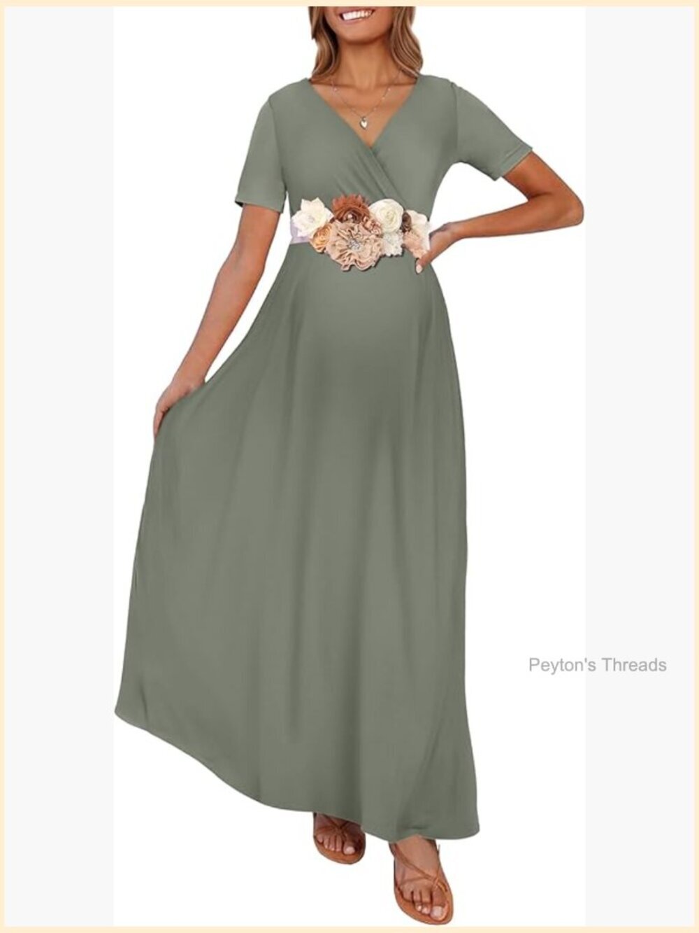 Maternity Maxi Dress with Flower Sash Ruched V Neck Photoshoot